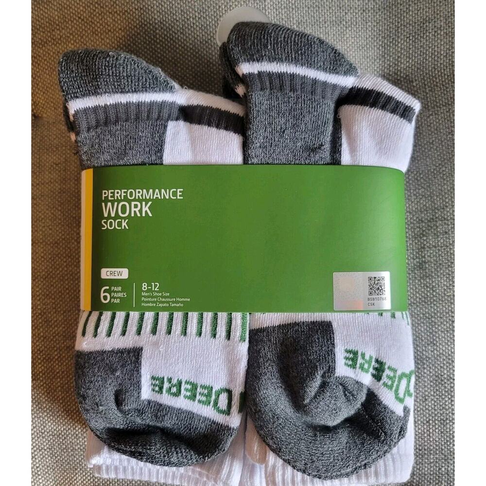 John Deere Mens Work Performance Cushioned Crew Socks Size 8-12 White-Gray